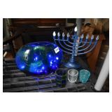 THICK GLASS BOWL WITH LIGHTS, MENORA, CANDLE