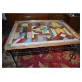 IRON BASE LEADED GLASS GEOMETRIC DESIGN TABLE