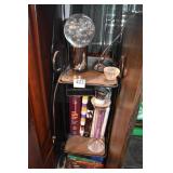 SMALL METAL SHELF AND CONTENTS, BOOKS, VHS TAPES,