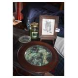 OWL PICTURE, PINE NEEDLE CANDLE, WOOD FRAME PIECE