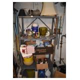 SHELF AND CONTENTS LAMPSHADES, PLANTER, BUCKETS