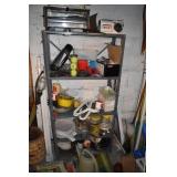 SHELF AND CONTENTS, BROIL MASTER, TENNIS BALLS,