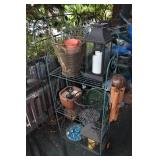 CONTENTS OF SHELF ON PORCH TWO LANTERNS, PLANTER