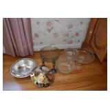 SILVER PLATE COVERED SERVER, CANDLE STICKS, GLASS