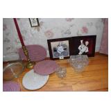 BRASS CANDLE STICKS, CHEF TILES, TRIVETS, FRUIT