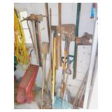 HUGE GROUP TOOLS; RAKES, BROOMS, TAMPER, HOLE