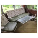 WROUGHT IRON SOFA, 2 CHAIRS, GLASS COFFEE TABLE