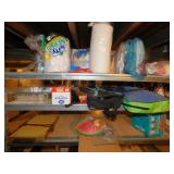 ASSORTED FOAM PLATES, BADMINTON RACKETS, ETC.