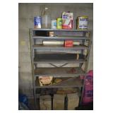 METAL SHELF WITH CONTENTS & CYPRESS MULCH, DRAIN