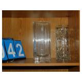 TWO CLEAR GLASS DECORATIVE VASES 11.5"