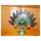 GLASS AND METAL PEACOCK CANDLE HOLDER; 13"H;