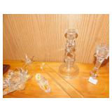 TWO GLASS CANDLE HOLDERS; RESIN CANDLE HOLDERS;