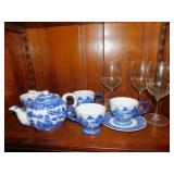 BLUE/WHITE TEA SET & WINE GLASSES