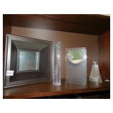 SQUARE MIRROR, CRYSTAL CANDLE HOLDER, LUCITE