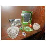 LEADED GLASS MIRROR, GLASS SUGAR BOWL