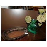 WOOD DISH AND FLOWER ARRANGEMENT