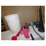 GREASE GUN, OIL CAN, FUNNELS, ALUMINUM BAT