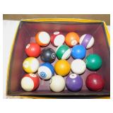 2 CUE BALLS AND 15 BILLIARD BALLS