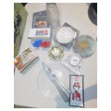 SALT & PEPPER SHAKERS, SMALL GLASS CLOCK, 2 MINT