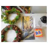 WREATHS, NEW COFFEE POT, PAINTING ON POSTER BOARD