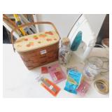 SEWING BOX WITH BUTTONS, IRON, ETC