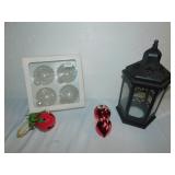 LANTERN AND BOX OF ORNAMENTS