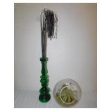GREEN BOTTLE W/ WEEPING DECORATION, ROUND BOWL W/