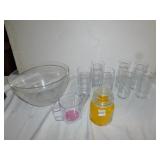 YANKEE CANDLE AND LARGE GLASS BOWL AND GLASSES