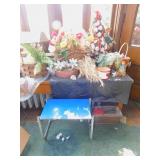 SILK PLANTS, WOOD WISHING WELL, BLUE TIN STAND