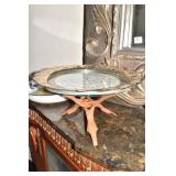 TEAK PEDESTAL W/ SILVER PLATE EDGE PLATE, PASTA