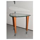 THICK GLASS TOP TABLE ON CASTERS WOOD LEGS 24" X