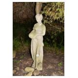 CEMENT WOMAN HOLDING URN, REPAIRED NECK 32" H