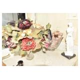 SILK ARRANGEMENT, STONE STATUE, GLASS SWAN TOWEL