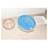 CORNING SERVING DISHES, PLASTIC BOWLS, SILVER RIM