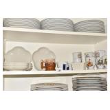 5 HALL WHITE SERVING DISHES, 6 FLOWER MUGS,