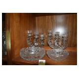3 ARM CANDLE STICKS LEAD CRYSTAL ASH TRAY X2