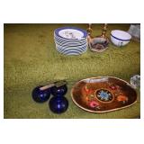 BALDWIN BRASS CANDLESTICKS, SNOWMEN PLATES,