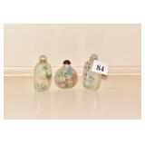 THREE SNUFF BOTTLES HAND PAINTED 3" H AND 2-1/2"H