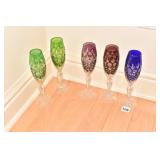 BOHEMIAN FLUTED ETCHED CHAMPAGNE GLASSES GREEN