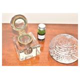 ANTIQUE INKWELL AND CRYSTAL ETCHED PAPERWEIGHTS