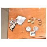 ONE GOLD EARRING, KENNEDY HALF DOLLAR, PIN,