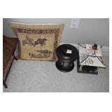 METAL LANTERN, HAND PAINTED BIRDHOUSE