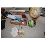 GLOBE ON WOOD PIECE, BALL, BOX OF MISC. NOTEPADS,