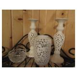 PAIR OF PORCELAIN CANDLE STANDS AND VASE WITH