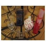 TALL RED GLASS VASE, BLUE GLAZED VASE, GLASS