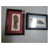 TWO FRAMED HAND PAINTED ON FEATHERS BY CEDEUO