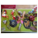 GROUP OF MINIATURE FIGURES, BRONZE BELL, OIL CAN,