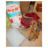 BIN OF FABRIC PIECES, POLYFOIL NEW UNOPENED ETC.