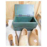 PAINTED GREEN BOX WITH WOOD TOOLS FOR WORKING ON