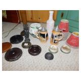 TWO SMALL GERMAN STEINS, PAPERWEIGHTS, SIX